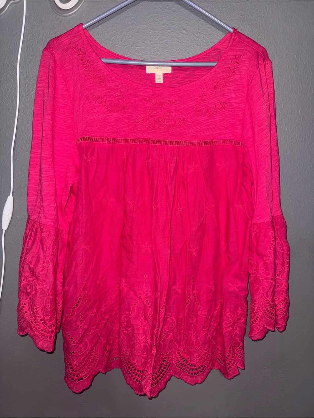 Cupio Bright Pink Embroidered Bell Sleeve Tunic